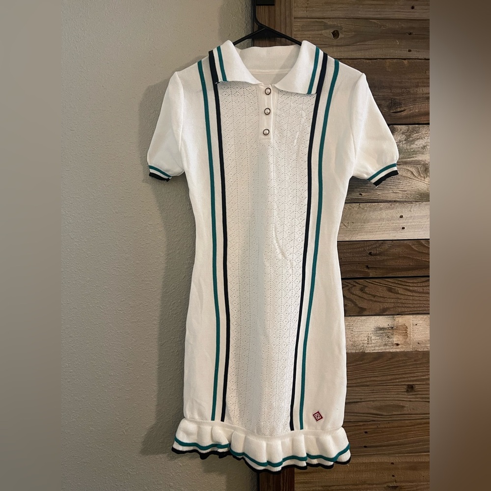 Women's Summer Slim Knit Dress Polo Neck Short Sleeve Ruffle Hem Mini Dress